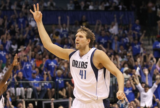 DALLAS, TX - MAY 06:  Forward Dirk Nowitzki #41 of the Dallas Mavericks reacts after making a three-point shot against the Los Angeles Lakers in Game Three of the Western Conference Semifinals during the 2011 NBA Playoffs on May 6, 2011 at American Airlines Center in Dallas, Texas.  NOTE TO USER: User expressly acknowledges and agrees that, by downloading and or using this photograph, User is consenting to the terms and conditions of the Getty Images License Agreement.  (Photo by Ronald Martinez/Getty Images)