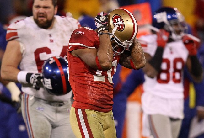 SAN FRANCISCO, CA - JANUARY 22:  Kyle Williams #10 of the San Francisco 49ers reacts after fumbling the ball in overtime of the NFC Championship Game against the New York Giants at Candlestick Park on January 22, 2012 in San Francisco, California. The Giants beat the 49ers 20-17 in overtime.  (Photo by Ezra Shaw/Getty Images)