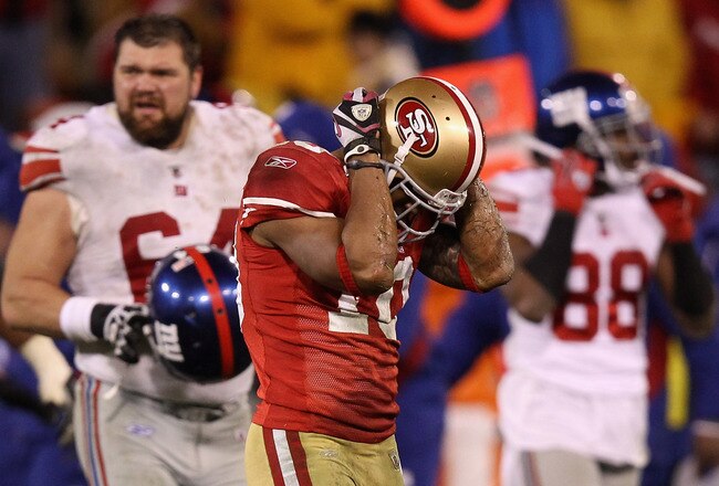 SAN FRANCISCO, CA - JANUARY 22:  Kyle Williams #10 of the San Francisco 49ers reacts after fumbling the ball in overtime of the NFC Championship Game against the New York Giants at Candlestick Park on January 22, 2012 in San Francisco, California. The Giants beat the 49ers 20-17 in overtime.  (Photo by Ezra Shaw/Getty Images)
