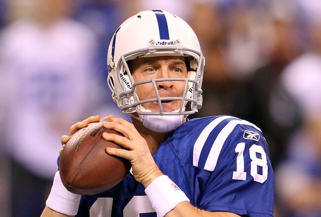 INDIANAPOLIS, IN - JANUARY 08:  Quarterback Peyton Manning #18 of the Indianapolis Colts looks to pass in the first quarter against the New York Jets during their 2011 AFC wild card playoff game at Lucas Oil Stadium on January 8, 2011 in Indianapolis, Indiana.  (Photo by Andy Lyons/Getty Images)