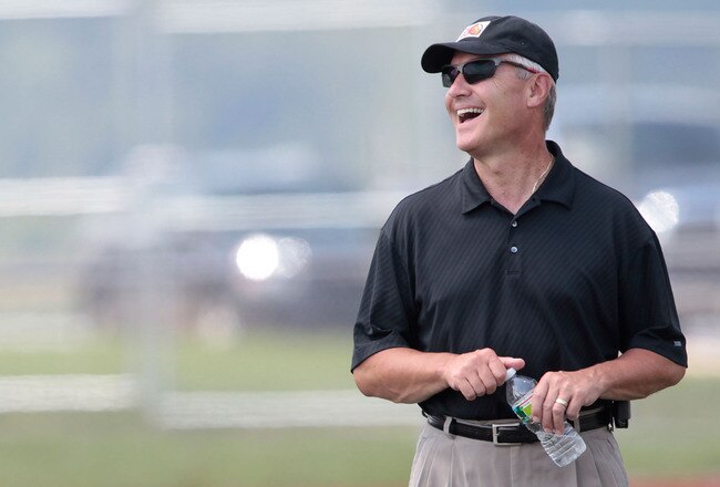 HEMPFIELD TOWNSHIP, PA - AUGUST 20:  Former Ohio State Unversity football head coach Jim Tressel laughs following Terrelle Pryor's pro day at a practice facility on August 20, 2011 in Hempfield Township, Pennsylvania.  (Photo by Jared Wickerham/Getty Images)