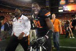 GLENDALE, AZ - JANUARY 02:  Justin Blackmon #81 of the Oklahoma State Cowboys celebrates after Oklahoma State Cowboys won 41-38 in overtime against the Stanford Cardinal during the Tostitos Fiesta Bowl on January 2, 2012 at University of Phoenix Stadium in Glendale, Arizona.  (Photo by Donald Miralle/Getty Images)