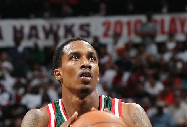 ATLANTA - MAY 2:  Guard Brandon Jennings #3 of the Milwaukee Bucks gets set to shoot a free throw during Game Seven of the Eastern Conference Quarterfinals between the Milwaukee Bucks and the Atlanta Hawks during the 2010 NBA Playoffs at Philips Arena on May 2, 2010 in Atlanta, Georgia. NOTE TO USER: User expressly acknowledges and agrees that, by downloading and/or using this photograph, user is consenting to the terms and conditions of the Getty Images License Agreement.  (Photo by Mike Zarrilli/Getty Images)
