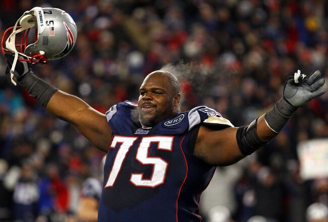 FOXBORO, MA - JANUARY 22:   Vince Wilfork #75 of the New England Patriots celebrates after defeating the Baltimore Ravens in the AFC Championship Game at Gillette Stadium on January 22, 2012 in Foxboro, Massachusetts. The New England Patriots defeated the Baltimore Ravens 20-23.  (Photo by Al Bello/Getty Images)