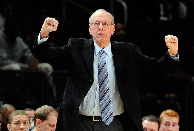 NEW YORK, NY - NOVEMBER 23:  Head coach Jim Boeheim of the Syracuse Orange reacts against the Virginia Tech Hokies during the 2011 Dick's Sporting Goods NIT Season Tip-Off at Madison Square Garden on November 23, 2011 in New York City.  (Photo by Patrick McDermott/Getty Images)