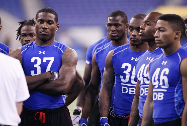 INDIANAPOLIS, IN - MARCH 1: Defensive back Patrick Peterson #37 of LSU looks on while standing with a group of other players during the 2011 NFL Scouting Combine at Lucas Oil Stadium on February 28, 2011 in Indianapolis, Indiana. (Photo by Joe Robbins/Getty Images)