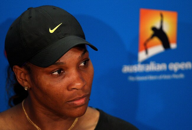 MELBOURNE, AUSTRALIA - JANUARY 23:  Serena Williams of the United States of America speaks to the media in a press conference after losing her fourth round match against Ekaterina Makarova of Russia during day eight of the 2012 Australian Open at Melbourne Park on January 23, 2012 in Melbourne, Australia.  (Photo by Lucas Dawson/Getty Images)