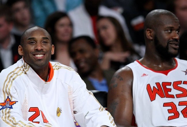 PHOENIX - FEBRUARY 15:  (L-R) Kobe Bryant #24 and Shaquille O'Neal #32 of the Western Conference sit together on the bench during the 58th NBA All-Star Game, part of 2009 NBA All-Star Weekend at US Airways Center on February 15, 2009 in Phoenix, Arizona.  NOTE TO USER: User expressly acknowledges and agrees that, by downloading and or using this photograph, User is consenting to the terms and conditions of the Getty Images License Agreement.  (Photo by Ronald Martinez/Getty Images)