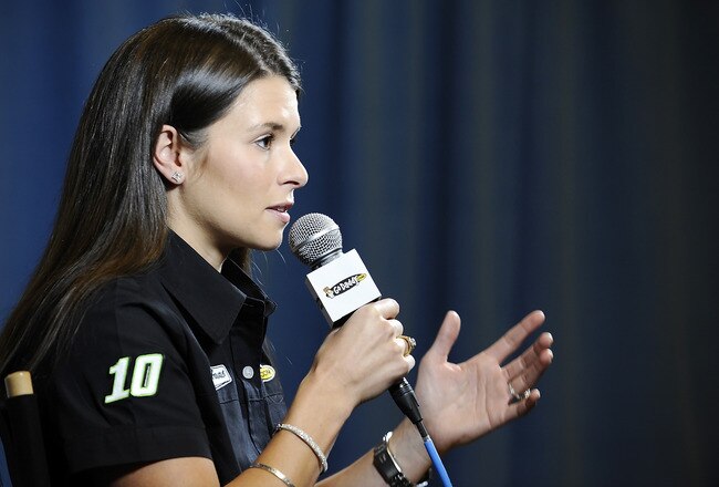 CONCORD, NC - JANUARY 23:  Danica Patrick, driver of the #10 GoDaddy.com Chevrolet, speaks with the media during the 2012 NASCAR Sprint Cup Series Media Tour hosted by Charlotte Motor Speedway on January 23, 2012 in Concord, North Carolina.  (Photo by Jared C. Tilton/Getty Images for NASCAR)