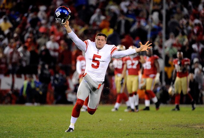 SAN FRANCISCO, CA - JANUARY 22:  Steve Weatherford #5 of the New York Giants celebrates after the Giants won 20-17 in overtime against the San Francisco 49ers during the NFC Championship Game at Candlestick Park on January 22, 2012 in San Francisco, California.  (Photo by Thearon W. Henderson/Getty Images)