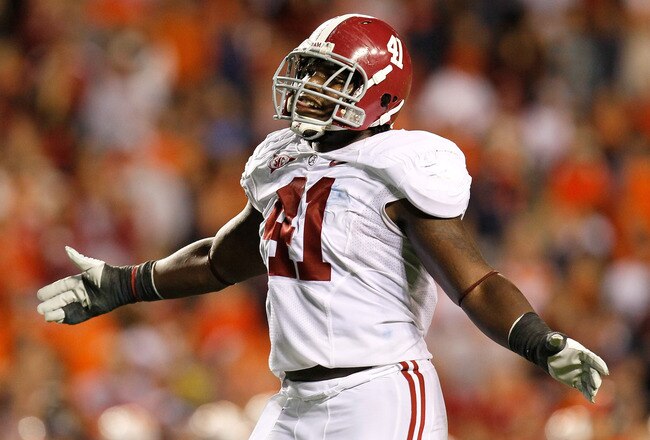AUBURN, AL - NOVEMBER 26:  Courtney Upshaw #41 of the Alabama Crimson Tide reacts after a defensive stop against the Auburn Tigers at Jordan-Hare Stadium on November 26, 2011 in Auburn, Alabama.  (Photo by Kevin C. Cox/Getty Images)