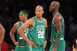LOS ANGELES, CA - JUNE 15:  (L-R) Paul Pierce #34, Ray Allen #20 and Kevin Garnett #5 of the Boston Celtics look on in the second half while taking on the Los Angeles Lakers in Game Six of the 2010 NBA Finals at Staples Center on June 15, 2010 in Los Angeles, California.  NOTE TO USER: User expressly acknowledges and agrees that, by downloading and/or using this Photograph, user is consenting to the terms and conditions of the Getty Images License Agreement.  (Photo by Ronald Martinez/Getty Images)