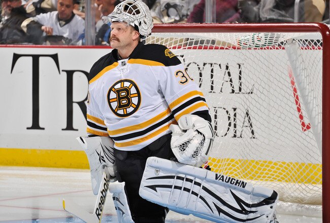 PITTSBURGH, PA - DECEMBER 5:  Goaltender Tim Thomas #30 of the Boston Bruins stretches before a game against the Pittsburgh Penguins on December 5, 2011 at CONSOL Energy Center in Pittsburgh, Pennsylvania.  (Photo by Jamie Sabau/Getty Images)