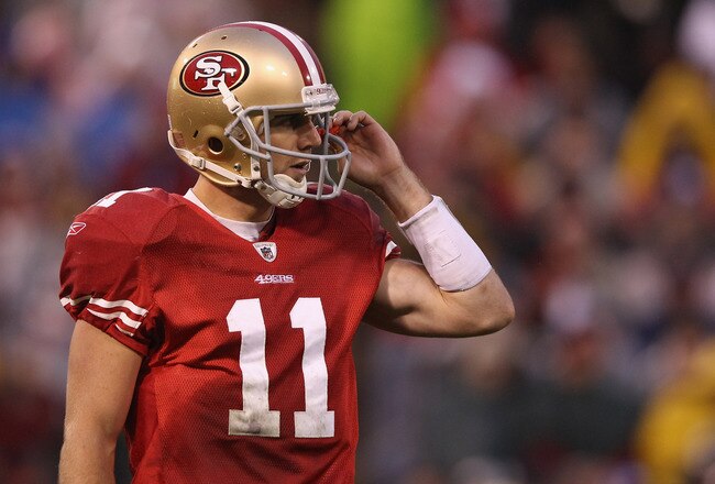 SAN FRANCISCO, CA - JANUARY 22:  Alex Smith #11 of the San Francisco 49ers looks on during the NFC Championship Game against the New York Giants
at Candlestick Park on January 22, 2012 in San Francisco, California.  (Photo by Ezra Shaw/Getty Images)