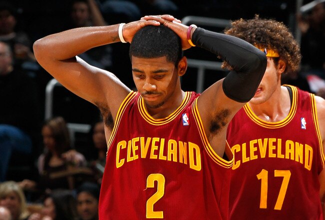 ATLANTA, GA - JANUARY 21:  Kyrie Irving #2 of the Cleveland Cavaliers reacts after a turnover to the Atlanta Hawks at Philips Arena on January 21, 2012 in Atlanta, Georgia.  NOTE TO USER: User expressly acknowledges and agrees that, by downloading and or using this photograph, User is consenting to the terms and conditions of the Getty Images License Agreement.  (Photo by Kevin C. Cox/Getty Images)