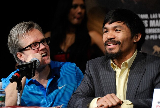 LAS VEGAS, NV - NOVEMBER 09:  (L-R) Trainer Freddie Roach and boxer Manny Pacquiao appear during the final news conference for Pacquiao's bout with Juan Manuel Marquez at the MGM Grand Hotel/Casino November 9, 2011 in Las Vegas, Nevada. Pacquiao will defend his WBO welterweight title against Marquez when the two meet in the ring for the third time on November 12 in Las Vegas.  (Photo by Ethan Miller/Getty Images)