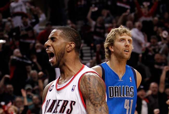 PORTLAND, OR - APRIL 21:  LaMarcus Aldridge #12 of the Portland Trail Blazers celebrates a dunk against the Dallas Mavericks in Game Three of the Western Conference Quarterfinals in the 2011 NBA Playoffs on April 21, 2011 at the Rose Garden in Portland, Oregon. NOTE TO USER: User expressly acknowledges and agrees that, by downloading and or using this photograph, User is consenting to the terms and conditions of the Getty Images License Agreement.  (Photo by Jonathan Ferrey/Getty Images)