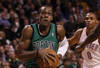 BOSTON, MA - JANUARY 16:  Rajon Rondo #9 of the Boston Celtics heads for the net as Russell Westbrook #0 of the Oklahoma City Thunder defends on January 16, 2012 at TD Garden in Boston, Massachusetts. NOTE TO USER: User expressly acknowledges and agrees that, by downloading and or using this photograph, User is consenting to the terms and conditions of the Getty Images License Agreement.  (Photo by Elsa/Getty Images)