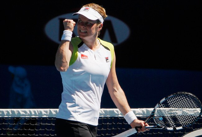 MELBOURNE, AUSTRALIA - JANUARY 24:  Kim Clijsters of Belgium celebrates winning her quarter final match against Caroline Wozniacki of Denmark during day nine of the 2012 Australian Open at Melbourne Park on January 24, 2012 in Melbourne, Australia. (Photo by Vivek Prakash-Pool/Getty Images)