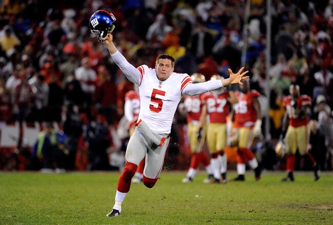 SAN FRANCISCO, CA - JANUARY 22:  Steve Weatherford #5 of the New York Giants celebrates after the Giants won 20-17 in overtime against the San Francisco 49ers during the NFC Championship Game at Candlestick Park on January 22, 2012 in San Francisco, California.  (Photo by Thearon W. Henderson/Getty Images)