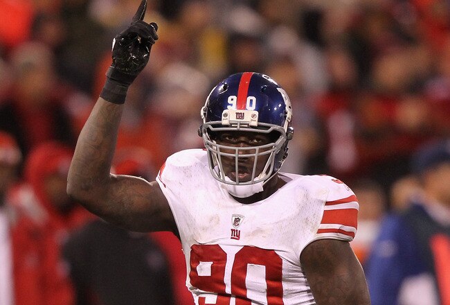 SAN FRANCISCO, CA - JANUARY 22:  Jason Pierre-Paul #90 of the New York Giants reacts against the San Francisco 49ers during the NFC Championship Game at Candlestick Park on January 22, 2012 in San Francisco, California.  (Photo by Jamie Squire/Getty Images)