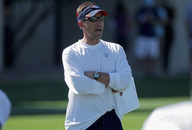 ENGLEWOOD, CO - JULY 28:  Dennis Allen, Defensive Coordinator of the Denver Broncos directs the defense during training camp at the Paul D. Bowlen Memorial Broncos Centre at Dove Valley on July 28, 2011 in Englewood, Colorado.  (Photo by Doug Pensinger/Getty Images)