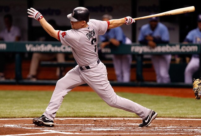 ST PETERSBURG, FL - JULY 17:  Outfielder J.D. Drew #7 of the Boston Red Sox bats against the Tampa Bay Rays during the game at Tropicana Field on July 17, 2011 in St. Petersburg, Florida.  (Photo by J. Meric/Getty Images)