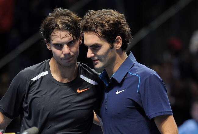 LONDON, ENGLAND - NOVEMBER 22:  Rafael Nadal of Spain greets Roger Federer of Switzerland after the men's singles match during the Barclays ATP World Tour Finals at the O2 Arena on November 22, 2011 in London, England. Federar won 6-3 6-0.  (Photo by Michael Regan/Getty Images for Barclays ATP Finals)