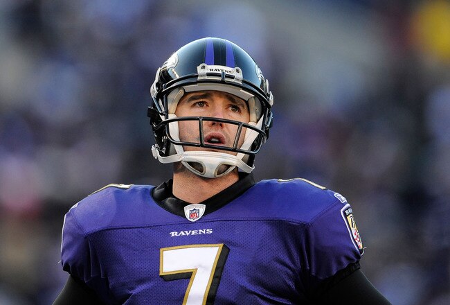 BALTIMORE, MD - JANUARY 15:  Billy Cundiff #7 of the Baltimore Ravens reacts during the third quarter of the AFC Divisional playoff game against the Houston Texans at M&T Bank Stadium on January 15, 2012 in Baltimore, Maryland.  (Photo by Patrick McDermott/Getty Images)