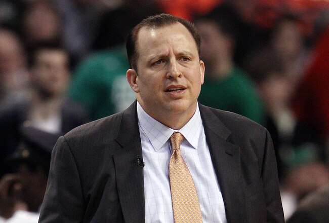 BOSTON, MA - JANUARY 13:  Head coach Tom Thibodeau of the Chicago Bulls looks on during the first quarter against the Boston Celtics on January 13, 2012 at TD Garden in Boston, Massachusetts. NOTE TO USER: User expressly acknowledges and agrees that, by downloading and or using this photograph, User is consenting to the terms and conditions of the Getty Images License Agreement.  (Photo by Elsa/Getty Images)