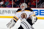 NEWARK, NJ - JANUARY 04:  Goalie Tim Thomas #30 of the Boston Bruins protects his goal during an NHL hockey game against the New Jersey Devils at Prudential Center on January 4, 2012 in Newark, New Jersey.  (Photo by Paul Bereswill/Getty Images)