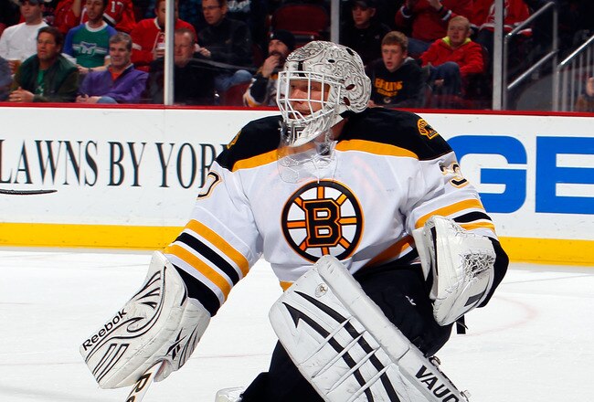 NEWARK, NJ - JANUARY 04:  Goalie Tim Thomas #30 of the Boston Bruins protects his goal during an NHL hockey game against the New Jersey Devils at Prudential Center on January 4, 2012 in Newark, New Jersey.  (Photo by Paul Bereswill/Getty Images)
