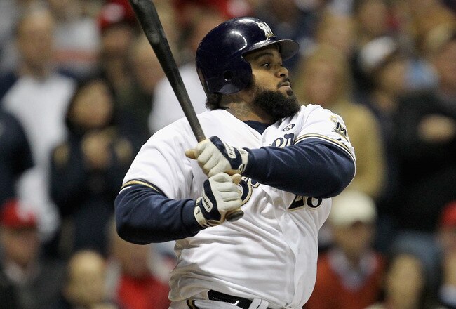 MILWAUKEE, WI - OCTOBER 16:  Prince Fielder #28 of the Milwaukee Brewers bats against the St. Louis Cardinals during Game Six of the National League Championship Series at Miller Park on October 16, 2011 in Milwaukee, Wisconsin.  (Photo by Jonathan Daniel/Getty Images)