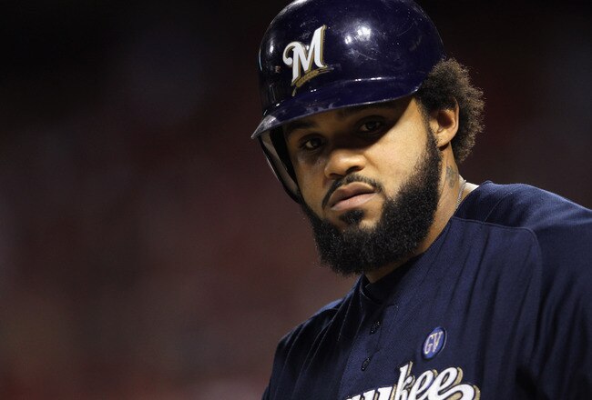ST LOUIS, MO - OCTOBER 14:  Prince Fielder #28 of the Milwaukee Brewers looks on against the St. Louis Cardinals during Game Five of the National League Championship Series at Busch Stadium on October 14, 2011 in St Louis, Missouri.  (Photo by Jamie Squire/Getty Images)