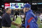 FOXBORO, MA - SEPTEMBER 1:  Bill Belichick of the New England shakes hands with Tom Coughlin of the New York Gianst  after a preseason game at Gillette Stadium on September 1, 2011 in Foxboro, Massachusetts. (Photo by Jim Rogash/Getty Images)