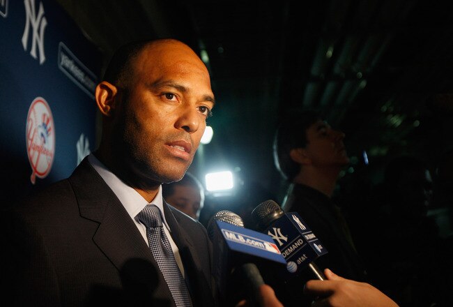 NEW YORK, NY - JANUARY 24:  New York Yankee Mariano Rivera speaks to the media after Jorge Posada announces his retirement from the New York Yankees duirng a press conference at Yankee Stadium on January 24, 2012 in the Bronx borough of  New York City.  (Photo by Mike Stobe/Getty Images)