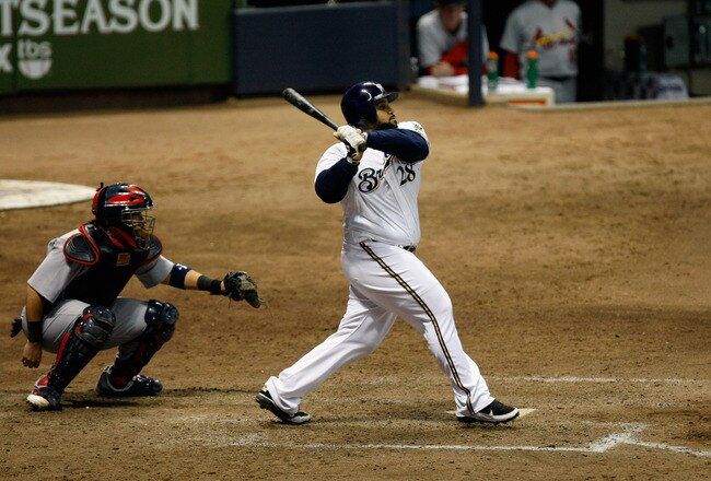 MILWAUKEE, WI - OCTOBER 16:  Prince Fielder #28 of the Milwaukee Brewers bats against the St. Louis Cardinals during Game Six of the National League Championship Series at Miller Park on October 16, 2011 in Milwaukee, Wisconsin.  (Photo by Scott Boehm/Getty Images)