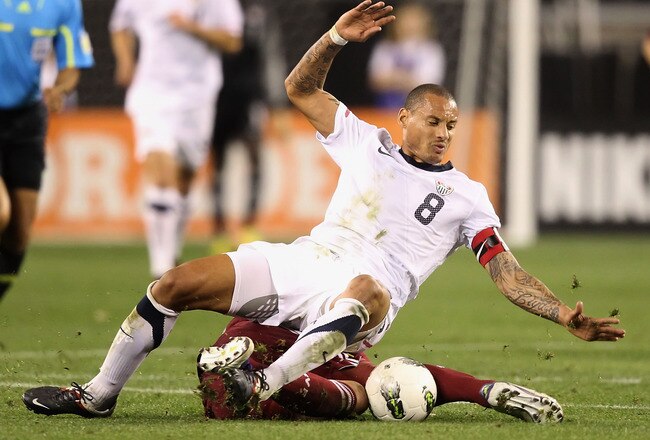 GLENDALE, AZ - JANUARY 21:  Jermaine Jones #8 of USA battles for the ball with Jose Velasquez #4 of Venezuela during the first half of the friendly match at University of Phoenix Stadium on January 21, 2012 in Glendale, Arizona. USA defeated Venezuela 1-0.  (Photo by Christian Petersen/Getty Images)