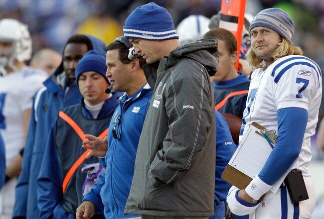 BALTIMORE, MD - DECEMBER 11:  Peyton Manning #18 (C) and Curtis Painter #7 of the Indianapolis Colts look on from the sidelines during the second half of the Colts and Baltimore Ravens game at M&T Bank Stadium on December 11, 2011 in Baltimore, Maryland.  (Photo by Rob Carr/Getty Images)