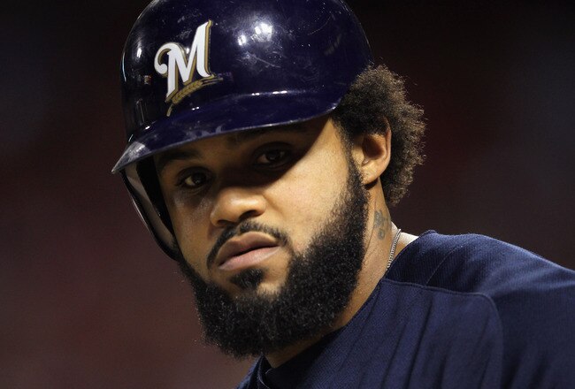 ST LOUIS, MO - OCTOBER 14:  Prince Fielder #28 of the Milwaukee Brewers looks on against the St. Louis Cardinals during Game Five of the National League Championship Series at Busch Stadium on October 14, 2011 in St Louis, Missouri.  (Photo by Jamie Squire/Getty Images)