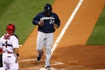 ST LOUIS, MO - OCTOBER 13:  Prince Fielder #28 of the Milwaukee Brewers scored in the top of the fourth inning against the St. Louis Cardinals during Game 4 of the National League Championship Series at Busch Stadium on October 13, 2011 in St. Louis, Missouri.  (Photo by Dilip Vishwanat/Getty Images)