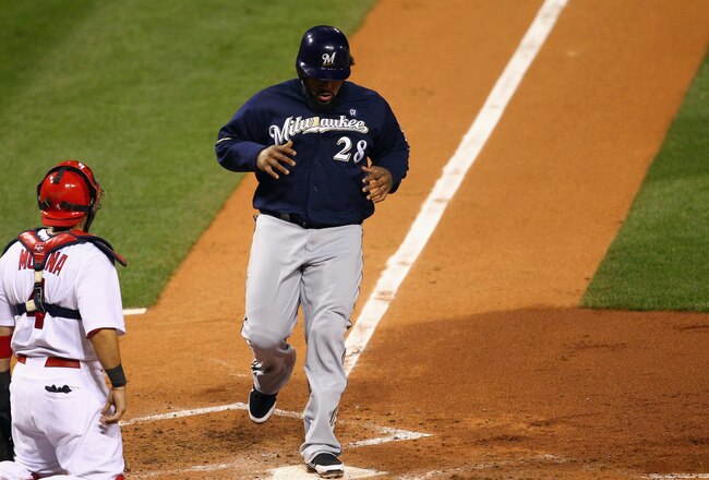 ST LOUIS, MO - OCTOBER 13:  Prince Fielder #28 of the Milwaukee Brewers scored in the top of the fourth inning against the St. Louis Cardinals during Game 4 of the National League Championship Series at Busch Stadium on October 13, 2011 in St. Louis, Missouri.  (Photo by Dilip Vishwanat/Getty Images)