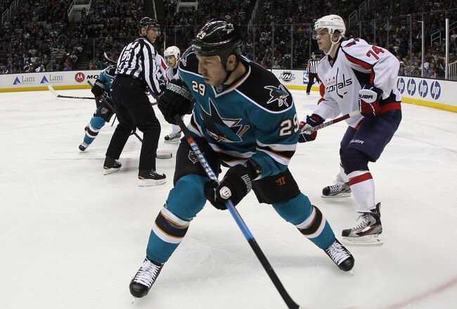 SAN JOSE, CA - JANUARY 07: Ryane Clowe #29 of the San Jose Sharks skates against the Washington Capitals at the HP Pavilion at San Jose on January 7, 2012 in San Jose, California. The Sharks defeated the Capitals 5-2.  (Photo by Bruce Bennett/Getty Images)