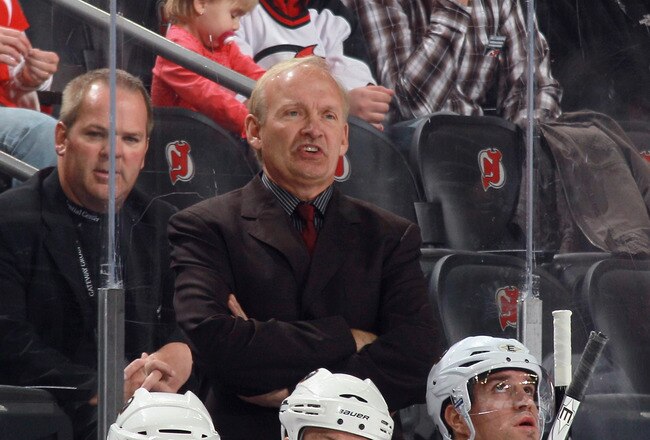 NEWARK, NJ - NOVEMBER 10:  Head coach Lindy Ruff of the Buffalo Sabres works his 1000th NHL game against the New Jersey Devils at the Prudential Center on November 10, 2010 in Newark, New Jersey.  (Photo by Bruce Bennett/Getty Images)