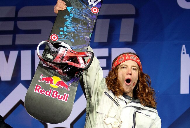 ASPEN, CO - JANUARY 29:  Shaun White takes the podium after winning the gold medal in the Men's Snowboard Superpipe at Winter X Games 14 at Buttermilk Mountain on January 29, 2010 in Aspen, Colorado.  (Photo by Doug Pensinger/Getty Images)