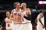 CHICAGO, IL - MAY 26:  Joakim Noah #13 and Carlos Boozer #5 of the Chicago Bulls talk on court against the Miami Heat in Game Five of the Eastern Conference Finals during the 2011 NBA Playoffs on May 26, 2011 at the United Center in Chicago, Illinois. The Heat won 83-80. NOTE TO USER: User expressly acknowledges and agrees that, by downloading and or using this photograph, User is consenting to the terms and conditions of the Getty Images License Agreement.  (Photo by Mike Ehrmann/Getty Images)