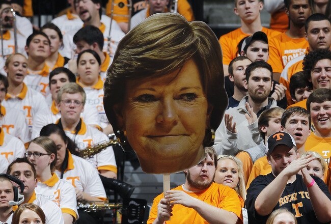 KNOXVILLE, TN - JANUARY 21: Tennessee Volunteers fans hold up a cardboard photo of women's basketball coach Pat Summitt during the game against the Connecticut Huskies at Thompson-Boling Arena on January 21, 2012 in Knoxville, Tennessee. Tennessee defeated Connecticut 60-57. (Photo by Joe Robbins/Getty Images)