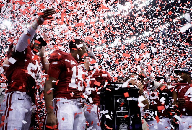 NEW ORLEANS, LA - JANUARY 09:  Dre Kirkpatrick #21 and Darius Hanks #15 of the Alabama Crimson Tide celebrate after defeating Louisiana State University Tigers in the 2012 Allstate BCS National Championship Game at Mercedes-Benz Superdome on January 9, 2012 in New Orleans, Louisiana. Alabama  won the game by a score of 21-0.  (Photo by Andy Lyons/Getty Images)