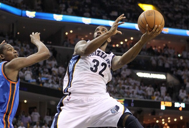 MEMPHIS, TN - MAY 07:  O.J. Mayo #32 of the  Memphis Grizzlies shoots the ball during the game against the Oklahoma City Thunder in Game Three of the Western Conference Semifinals in the 2011 NBA Playoffs at FedExForum on May 7, 2011 in Memphis, Tennessee.The Grizzlies won in overtime 101-93. NOTE TO USER: User expressly acknowledges and agrees that, by downloading and/or using this Photograph, User is consenting to the terms and conditions of the Getty Images License Agreement.  (Photo by Andy Lyons/Getty Images)