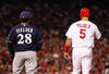 ST LOUIS, MO - OCTOBER 14:  Prince Fielder #28 of the Milwaukee Brewers and Albert Pujols #5 of the St. Louis Cardinals stnad near first base during Game Five of the National League Championship Series at Busch Stadium on October 14, 2011 in St Louis, Missouri.  (Photo by Dilip Vishwanat/Getty Images)